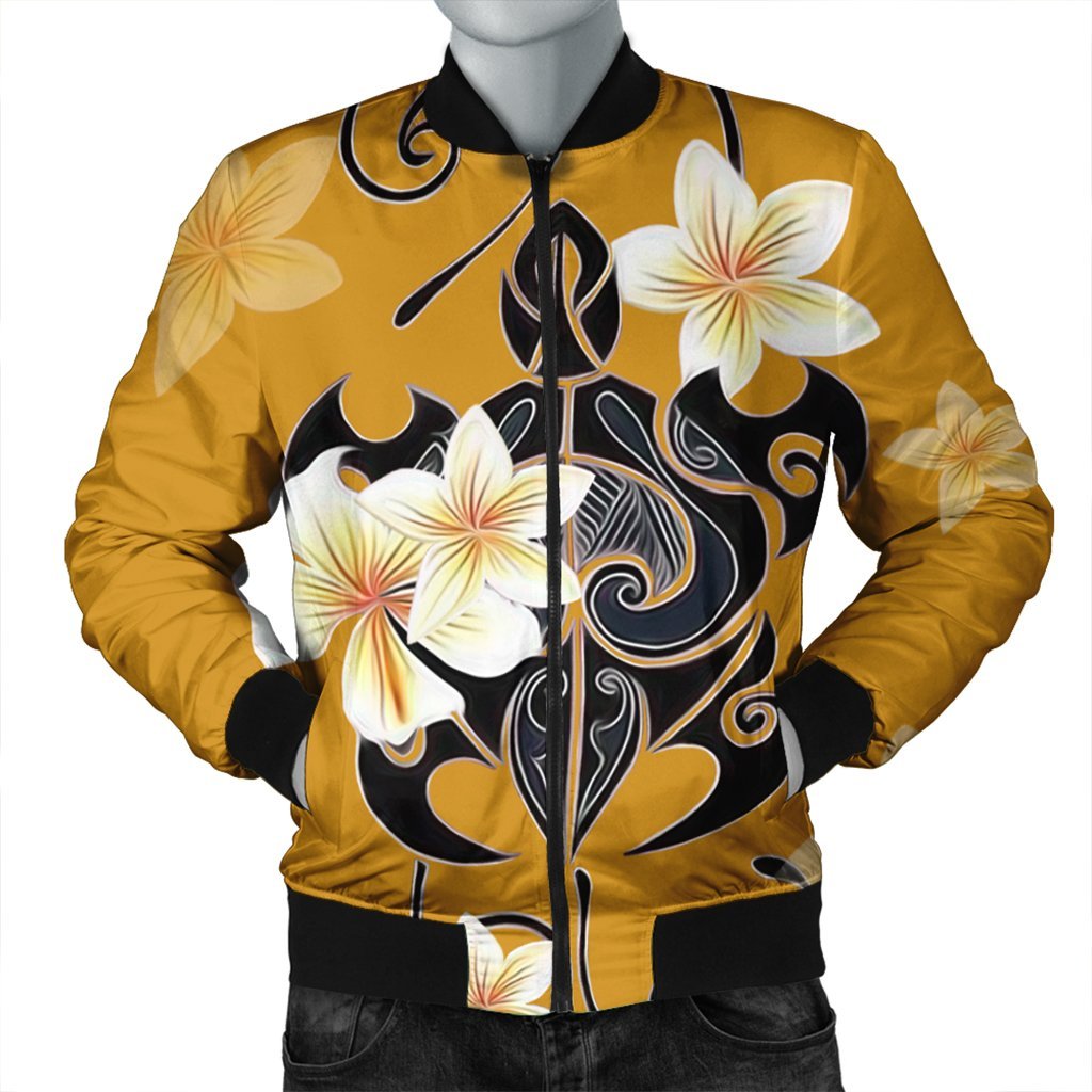 Hawaiian Turtle Plumeria Polynesian Bomber Jacket Yellow - AH Black Unisex - Polynesian Pride