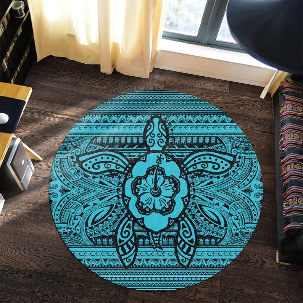 Hawaiian Turtle Polynesian Tribal Round Carpet Blue AH - Polynesian Pride