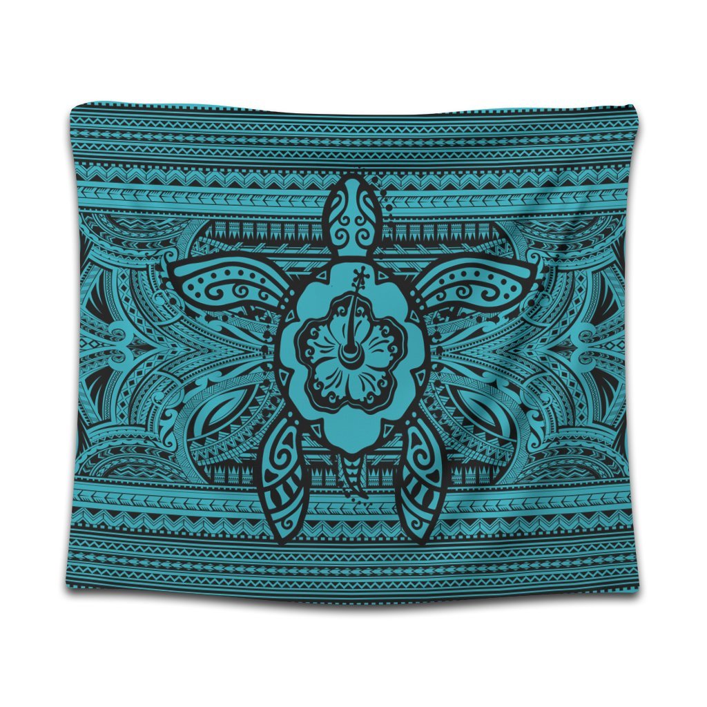 Hawaiian Turtle Polynesian Tribal Tapestry Blue AH Wall Tapestry Black - Polynesian Pride