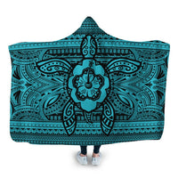 Hawaiian Turtle Polynesian Tribal Hooded Blanket Blue AH Hooded Blanket White - Polynesian Pride