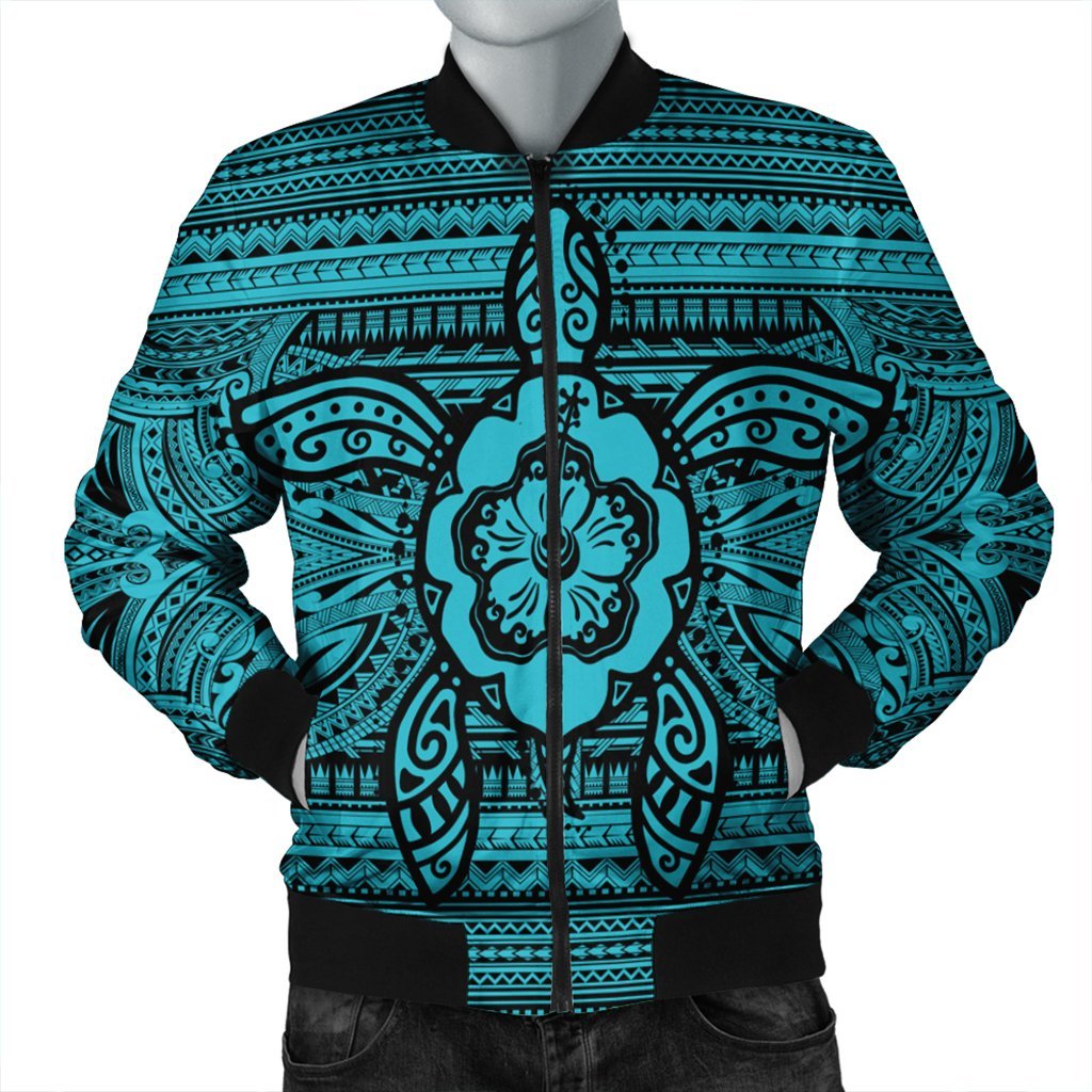 Hawaiian Turtle Polynesian Tribal Bomber Jacket Blue AH Black Unisex - Polynesian Pride