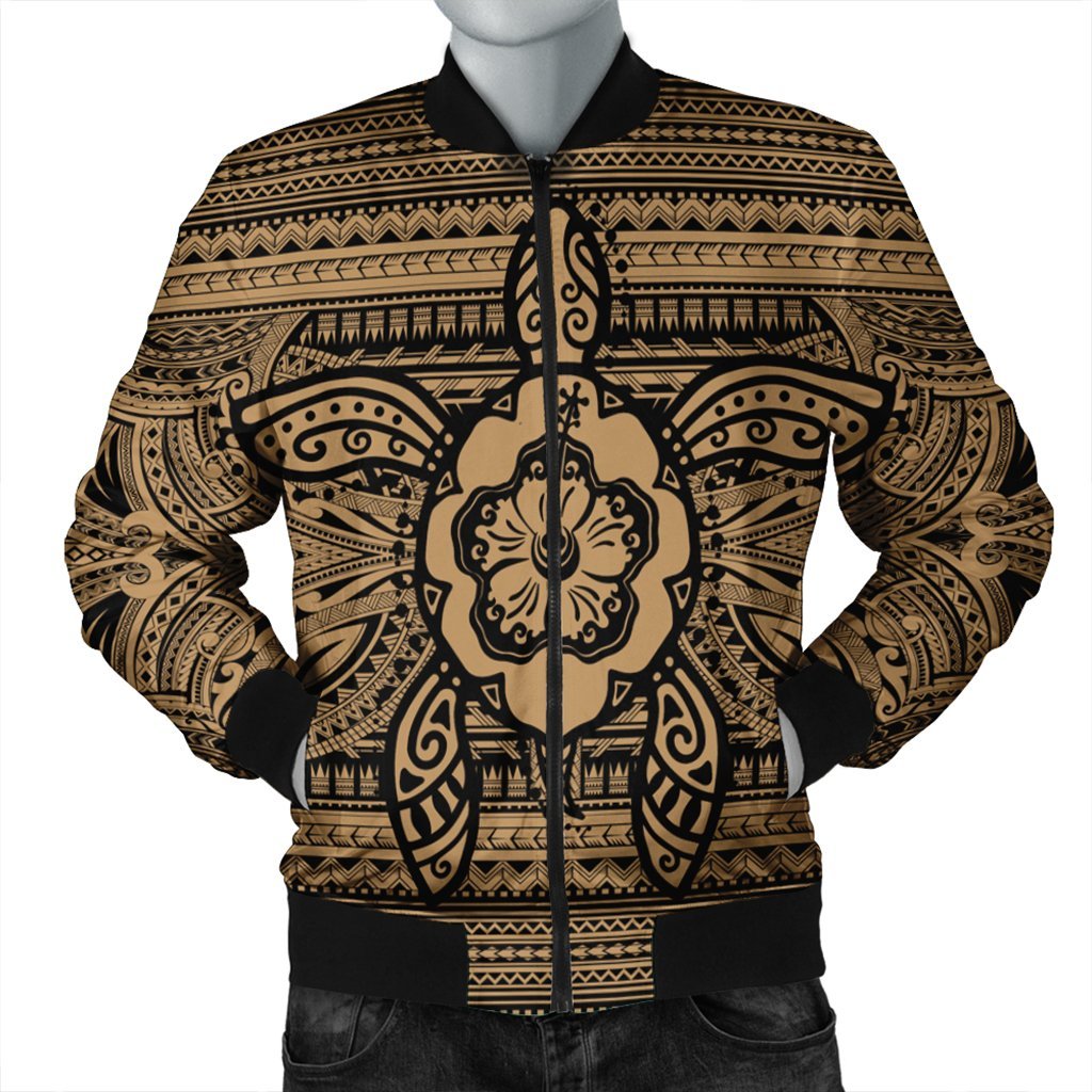 Hawaiian Turtle Polynesian Tribal Bomber Jacket Gold AH Black Unisex - Polynesian Pride