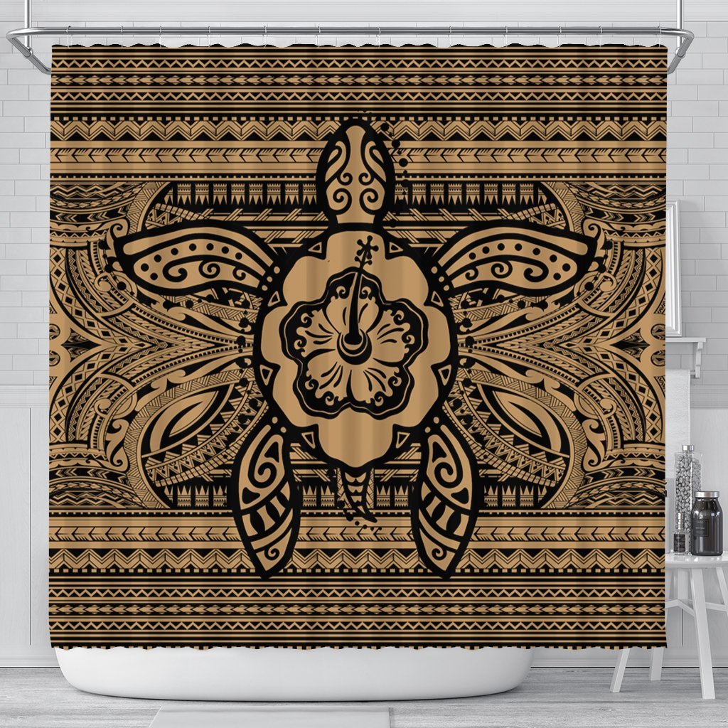 Hawaiian Turtle Polynesian Tribal Shower Curtain Gold AH 177 x 172 (cm) Black - Polynesian Pride