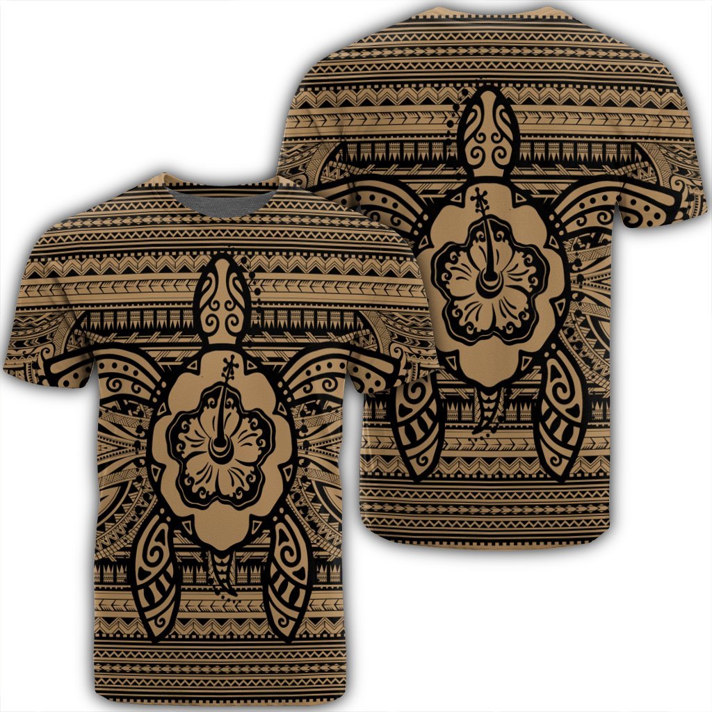 Hawaiian Turtle Polynesian Tribal T Shirt Gold AH Unisex Black - Polynesian Pride