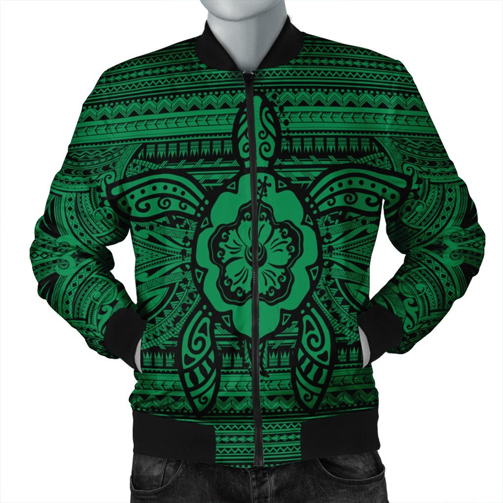 Hawaiian Turtle Polynesian Tribal Bomber Jacket Green AH Black Unisex - Polynesian Pride