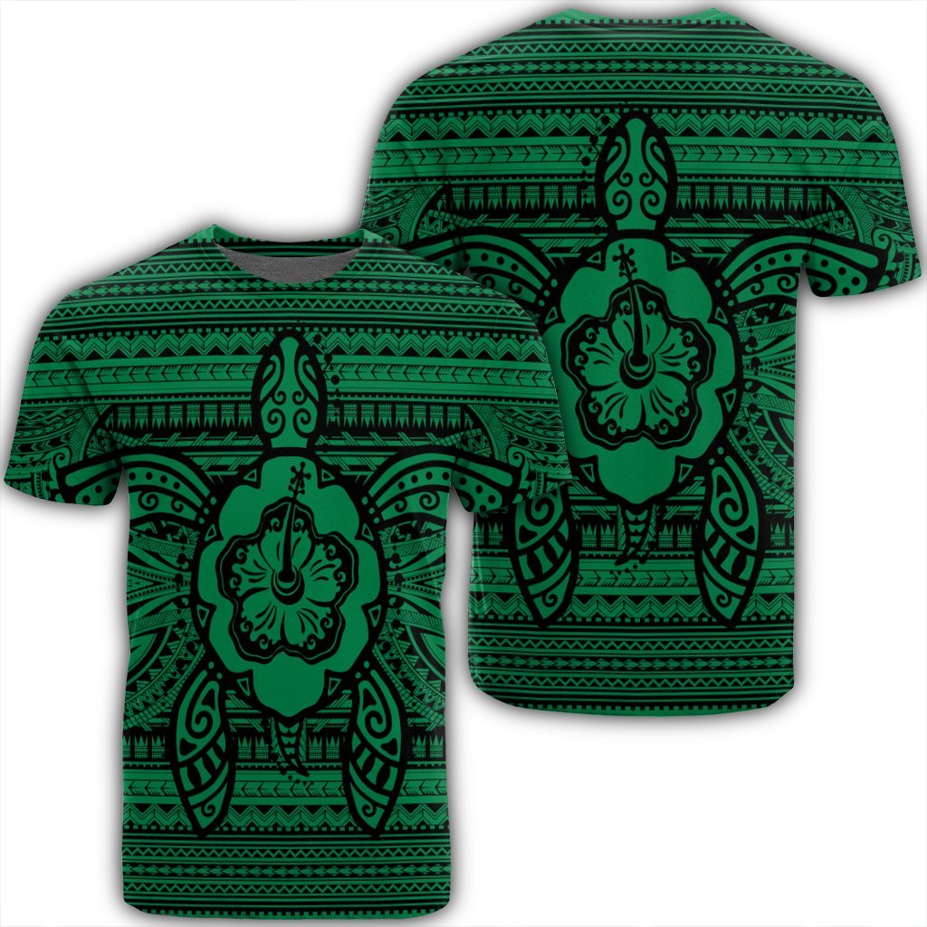 Hawaiian Turtle Polynesian Tribal T Shirt Green AH Unisex Black - Polynesian Pride