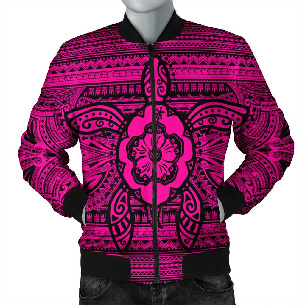 Hawaiian Turtle Polynesian Tribal Bomber Jacket Pink AH Black Unisex - Polynesian Pride