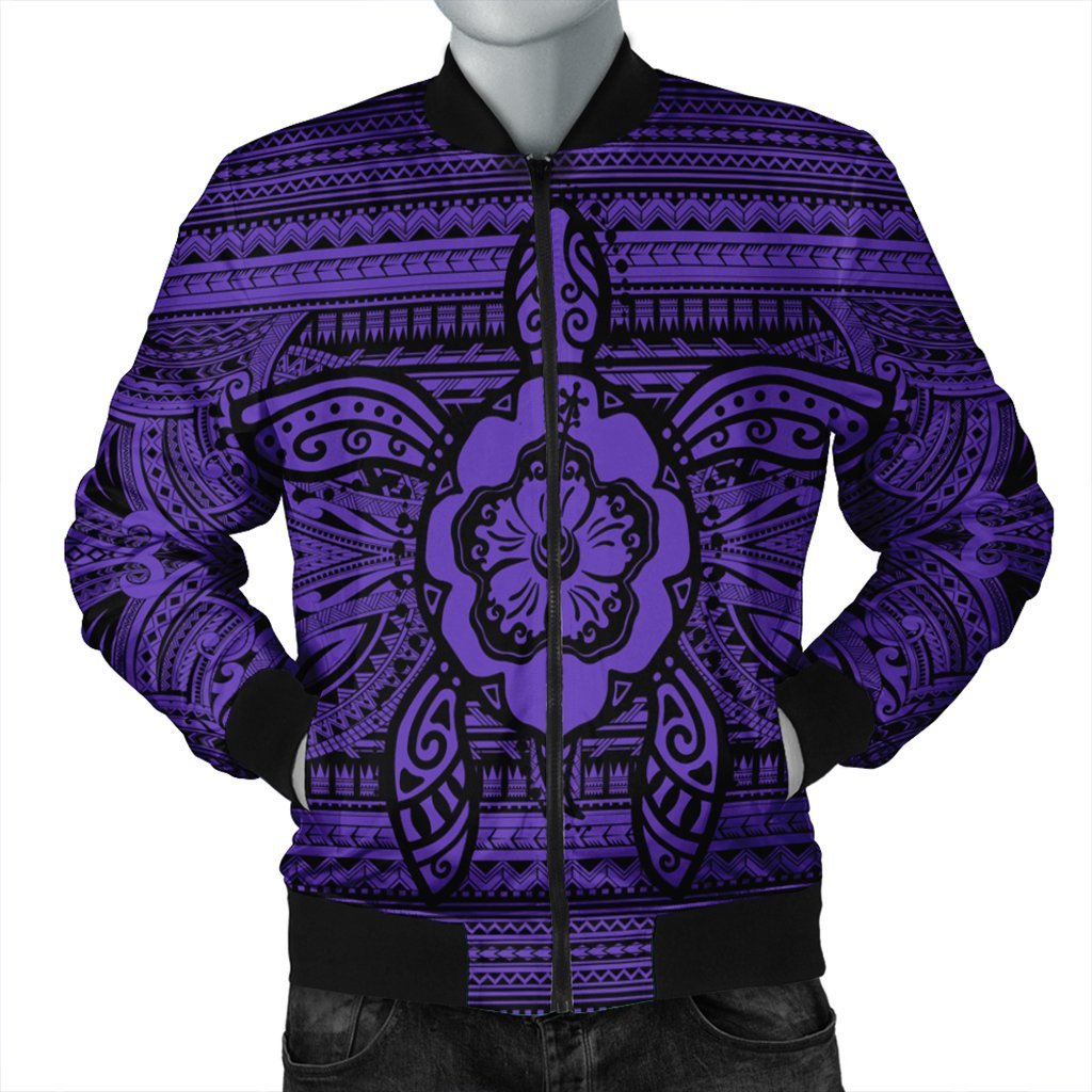 Hawaiian Turtle Polynesian Tribal Bomber Jacket Purple AH Black Unisex - Polynesian Pride