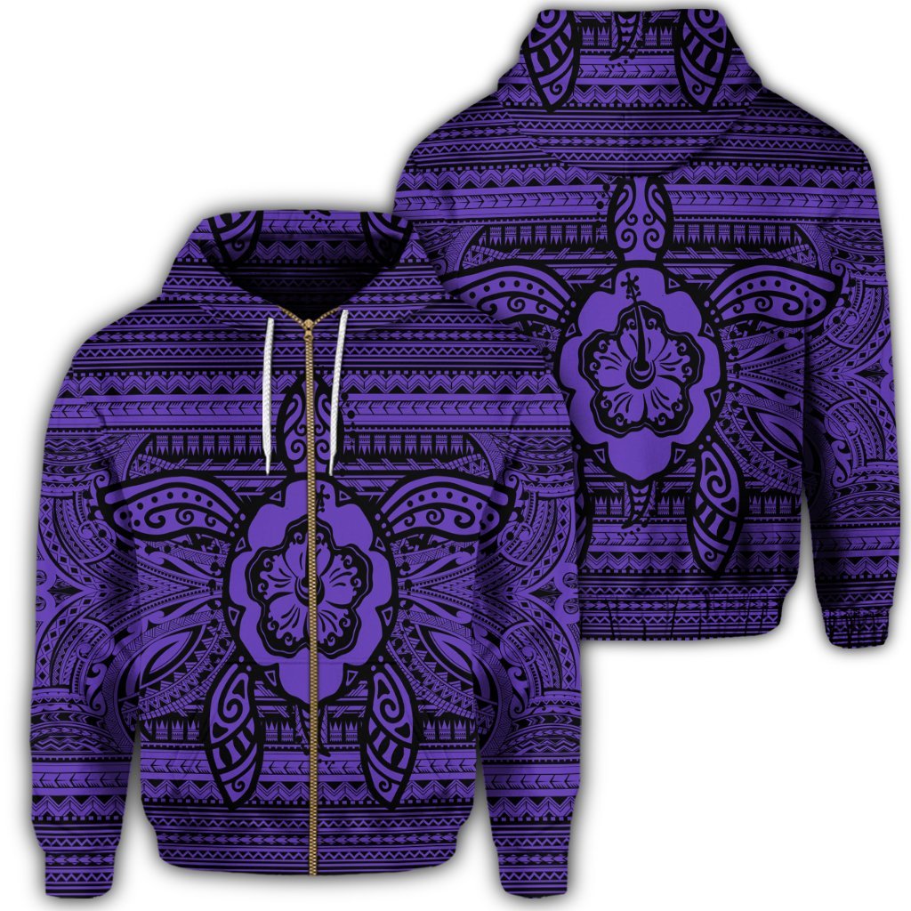 Hawaiian Turtle Polyensian Tribal Zip Hoodie Purple Unisex Art - Polynesian Pride