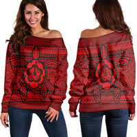 Hawaiian Turtle Polynesian Tribal Women's Off Shoulder Sweater Red AH Black - Polynesian Pride