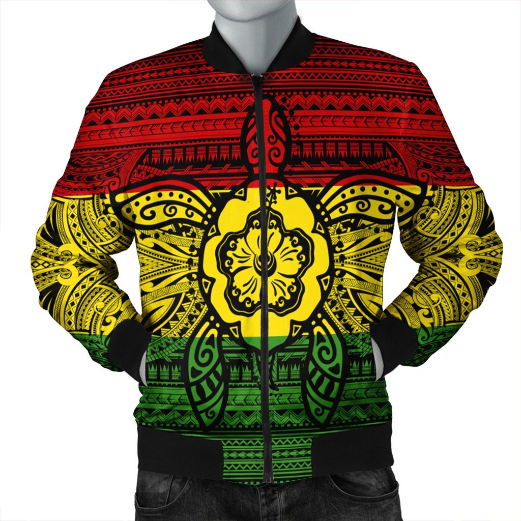 Hawaiian Turtle Polynesian Tribal Bomber Jacket Reggae AH Black Unisex - Polynesian Pride