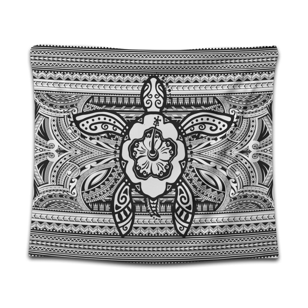 Hawaiian Turtle Polynesian Tribal Tapestry White AH Wall Tapestry Black - Polynesian Pride