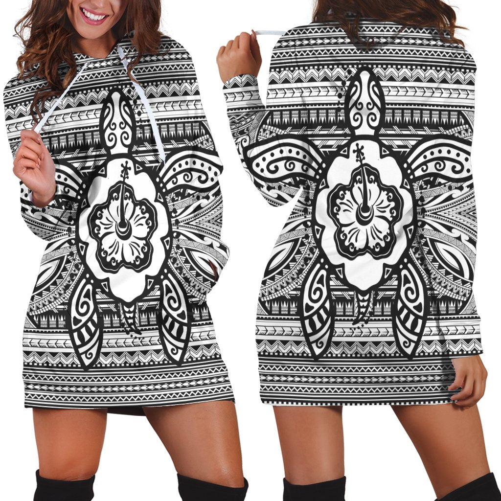 Hawaiian Turtle Polyensian Tribal Hoodie Dress White AH Black - Polynesian Pride