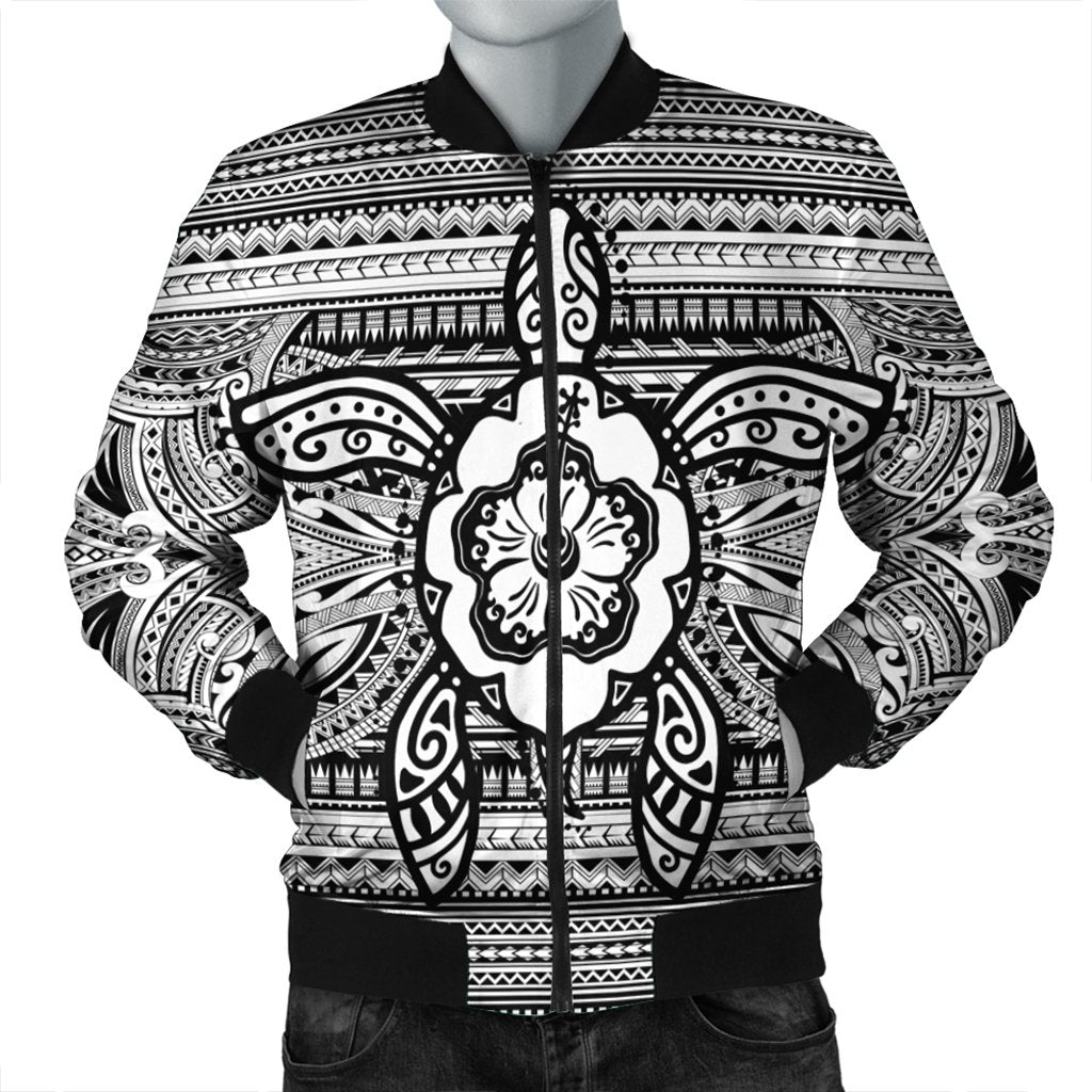 Hawaiian Turtle Polynesian Tribal Bomber Jacket White AH Black Unisex - Polynesian Pride