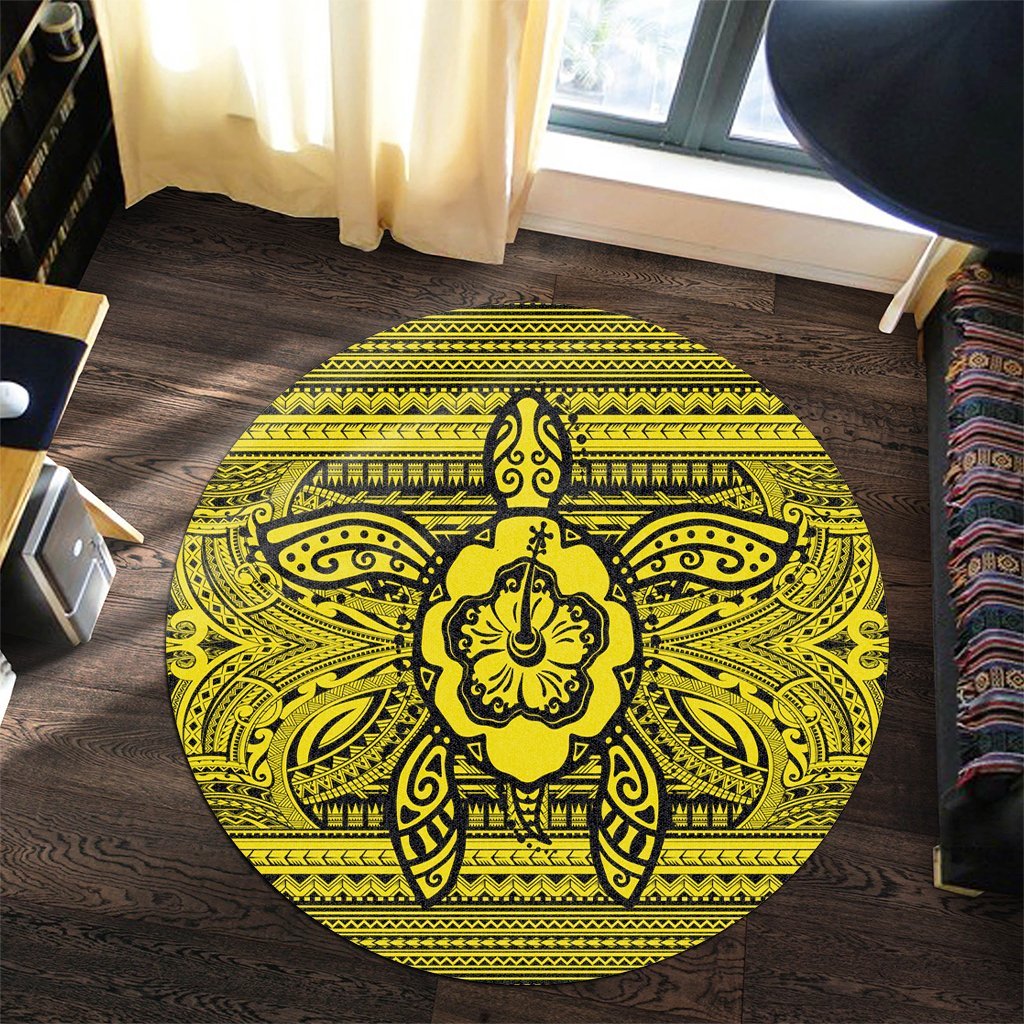Hawaiian Turtle Polynesian Tribal Round Carpet Yellow AH - Polynesian Pride