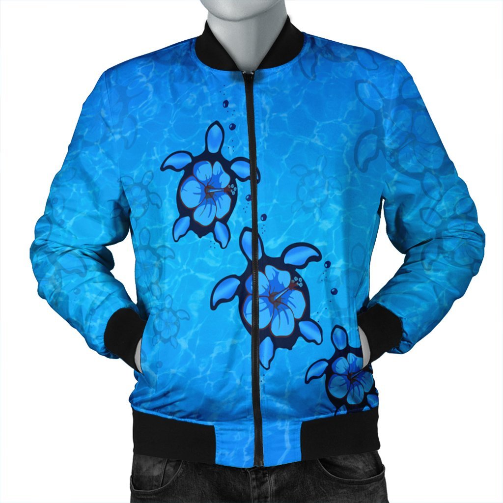 Hawaiian Turtle Swim In The OCean With Hibiscus Polynesian Bomber Jacket - AH Black Unisex - Polynesian Pride