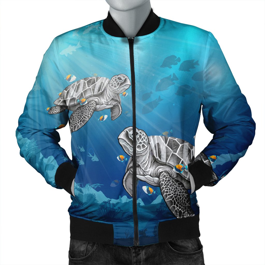 Hawaiian Turtle Swim With Fish In The Ocean Polynesian Bomber Jacket - AH Black Unisex - Polynesian Pride