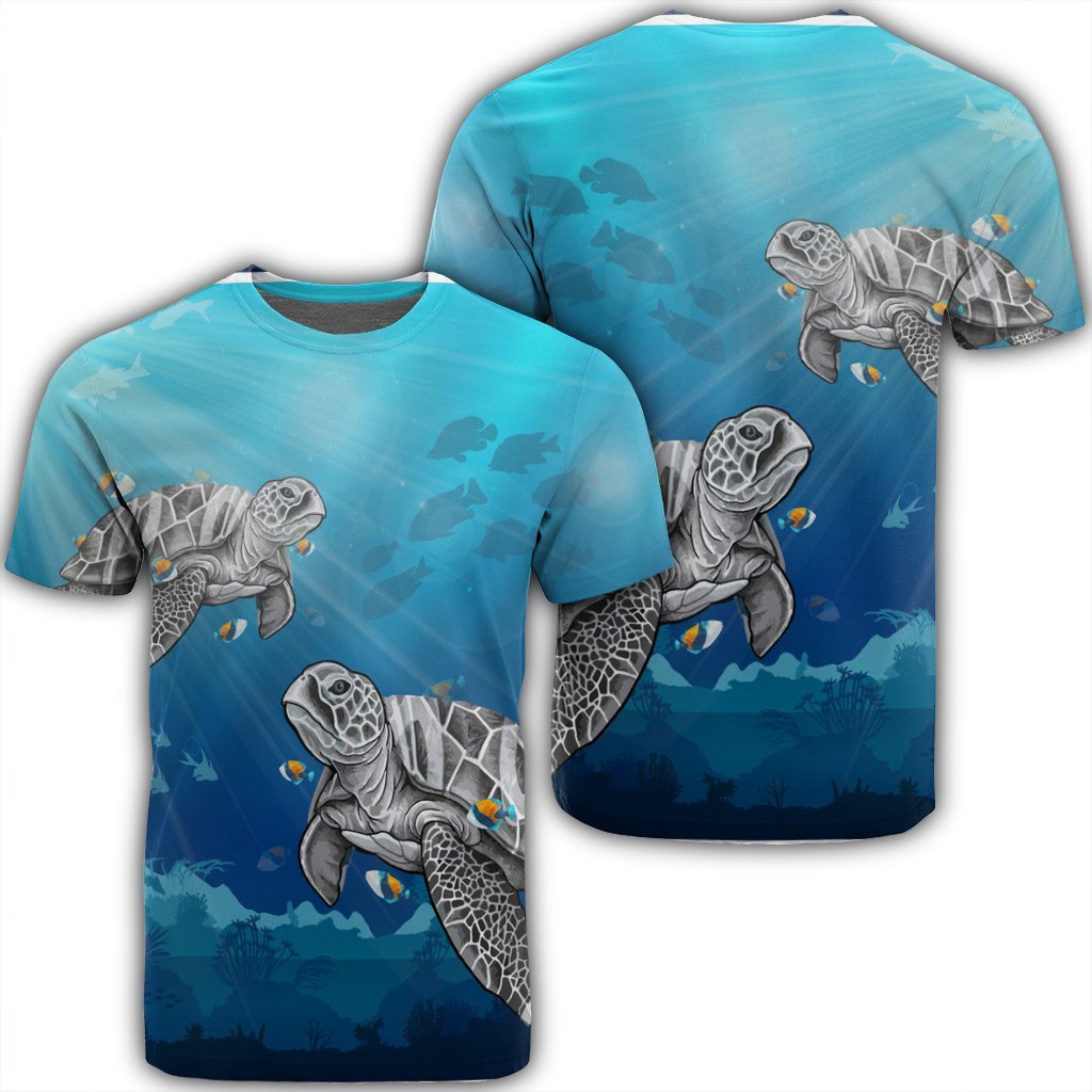 Hawaiian Turtle Swim With Fish In The Ocean Polynesian T Shirt AH Unisex Black - Polynesian Pride