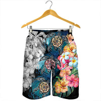 Hawaiian Turtle Swimming Wave Plumeria Hibiscus Polynesian Men's Shorts - Garden Style - AH - Polynesian Pride