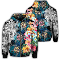 Hawaiian Turtle Swimming Wave Plumeria Hibiscus Polynesian Zip Hoodie Garden Style Unisex Art - Polynesian Pride