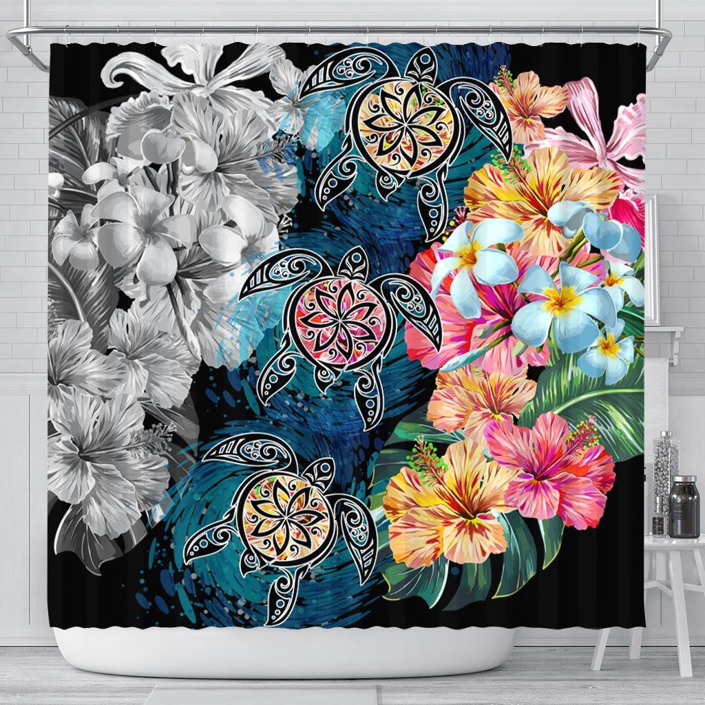 Hawaiian Turtle Swimming Wave Plumeria Hibiscus Polynesian Shower Curtain - Garden Style - AH 177 x 172 (cm) Black - Polynesian Pride