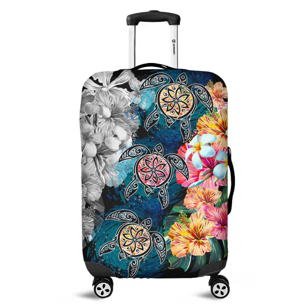 Hawaiian Turtle Swimming Wave Plumeria Hibiscus Polynesian Luggage Covers - Garden Style - AH Black - Polynesian Pride