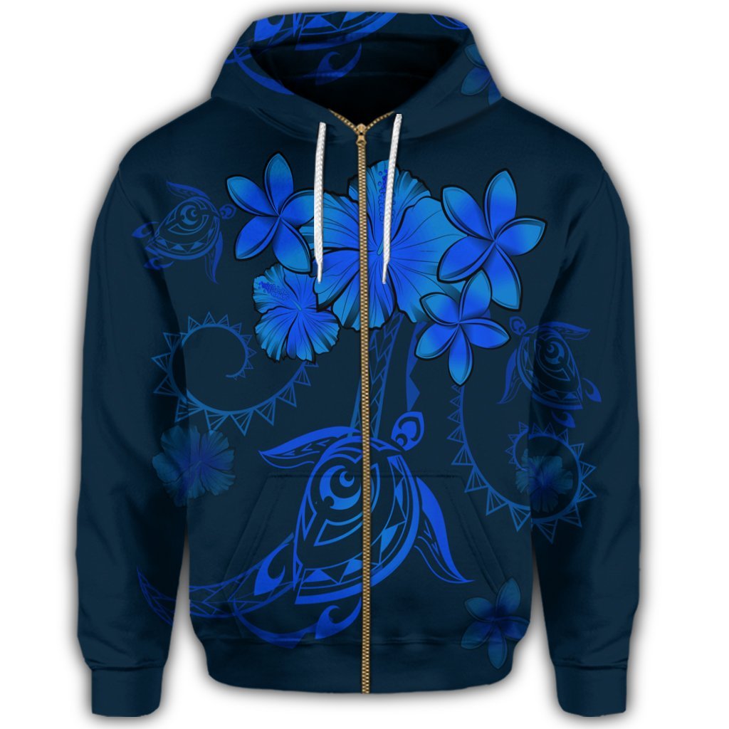 Hawaiian Turtles Hibiscus Plumeria Polynesian Zip Hoodie Blue - Polynesian Pride