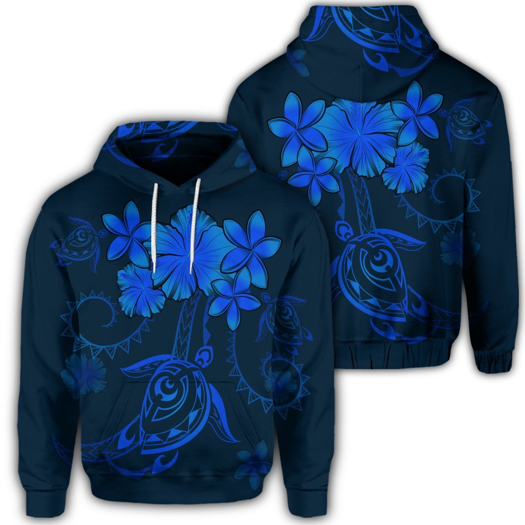 Hawaiian Turtles Hibiscus Plumeria Polynesian Hoodie Blue Unisex Art - Polynesian Pride