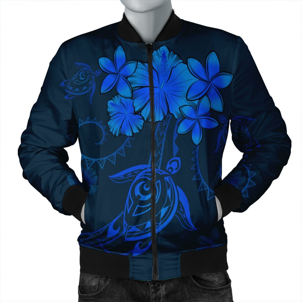 Hawaiian Turtles Hibiscus Plumeria Polynesian Bomber Jacket - Blue - AH Black Unisex - Polynesian Pride