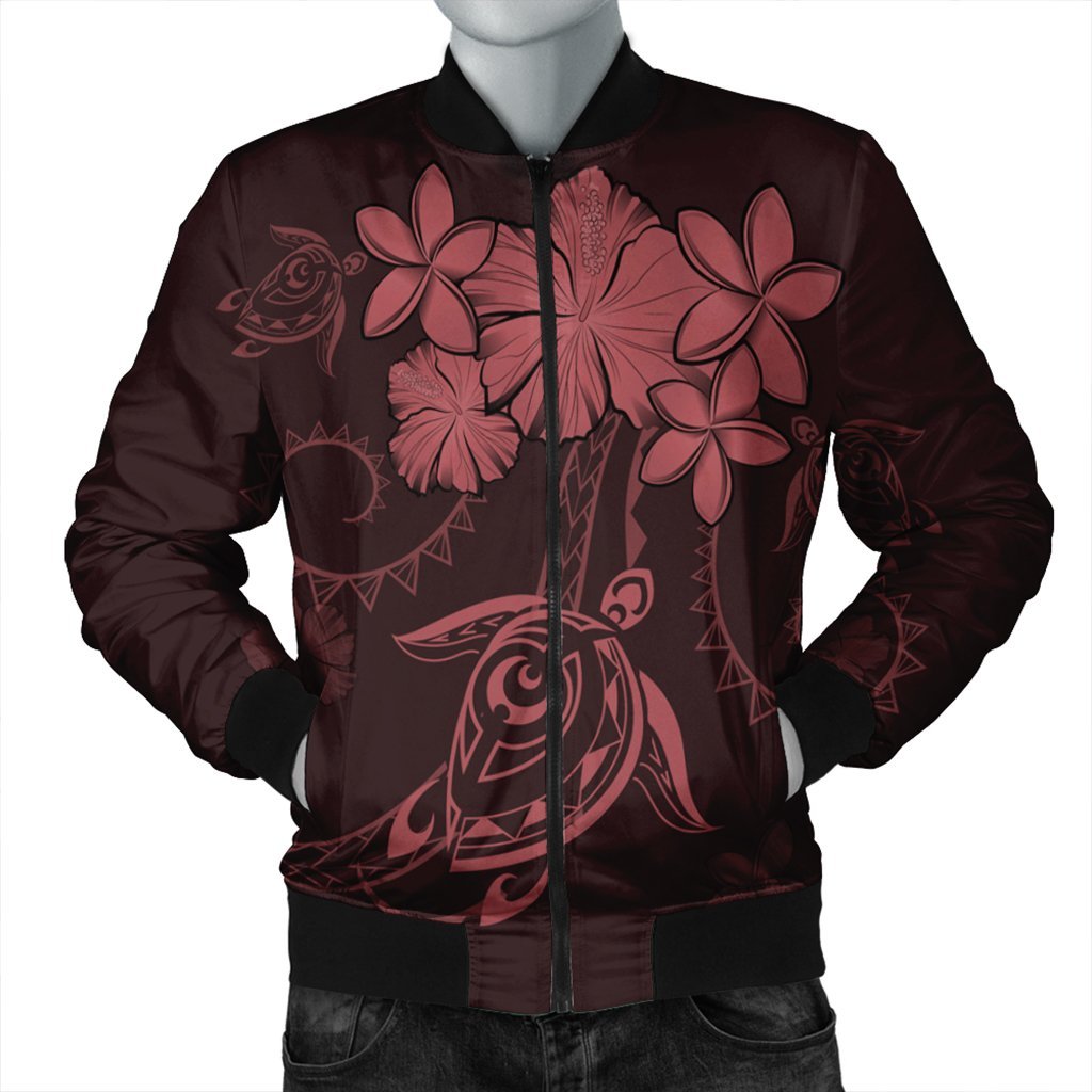 Hawaiian Turtles Hibiscus Plumeria Polynesian Bomber Jacket - Pink - AH Black Unisex - Polynesian Pride