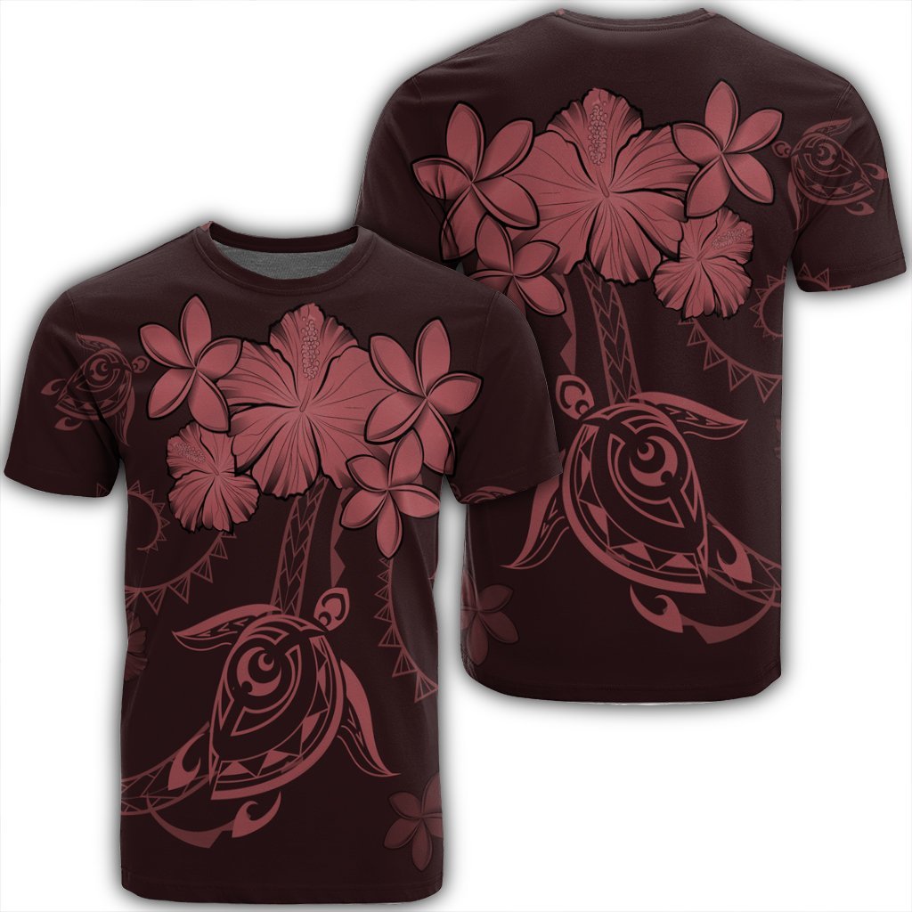 Hawaiian Turtles Hibiscus Plumeria Polynesian T Shirt Pink AH Unisex Black - Polynesian Pride