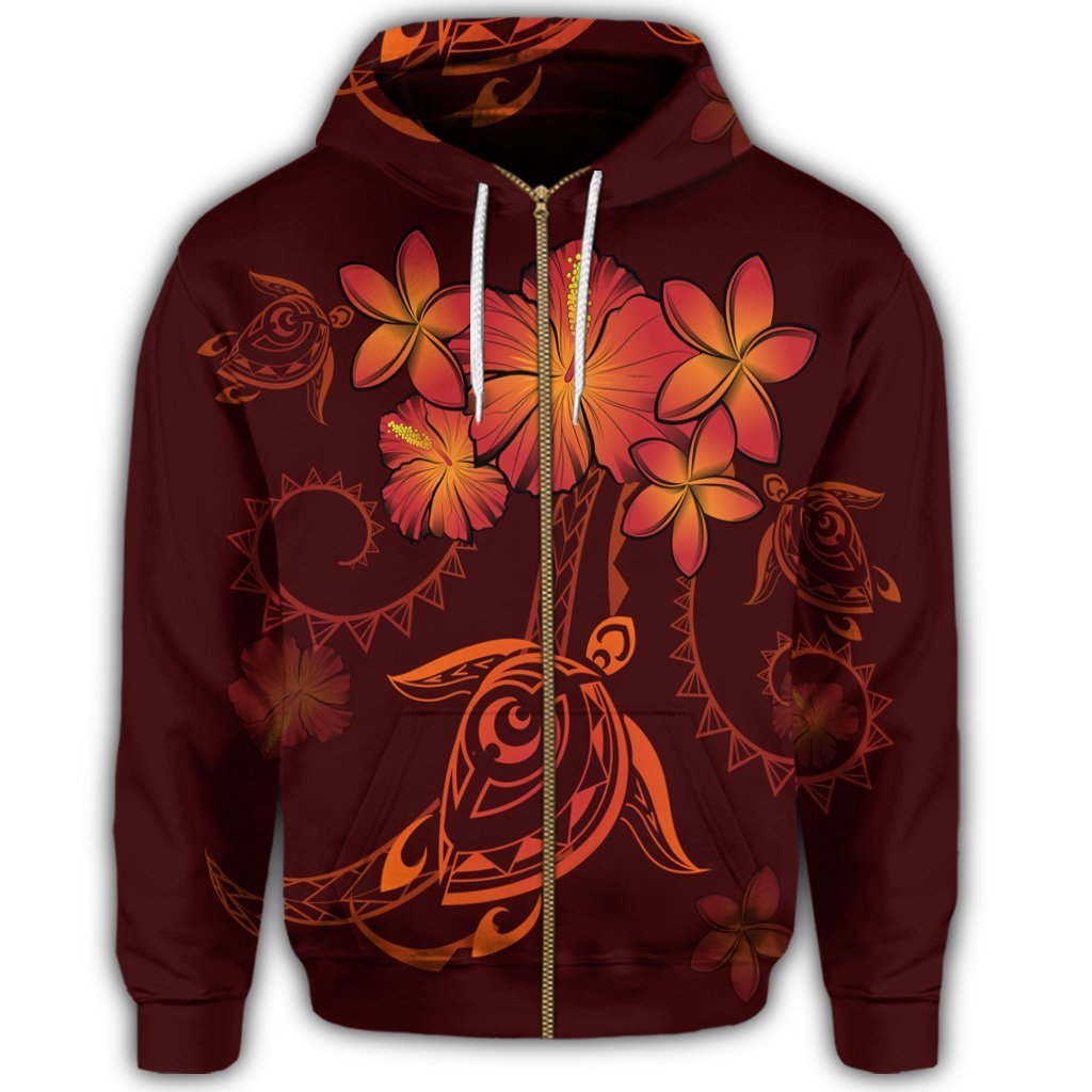 Hawaiian Turtles Hibiscus Plumeria Polynesian Zip Hoodie Red - Polynesian Pride