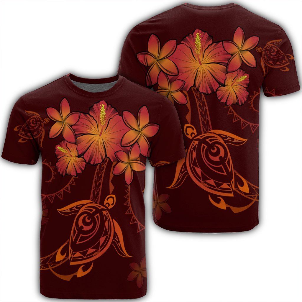 Hawaiian Turtles Hibiscus Plumeria Polynesian T Shirt Red AH Unisex Black - Polynesian Pride