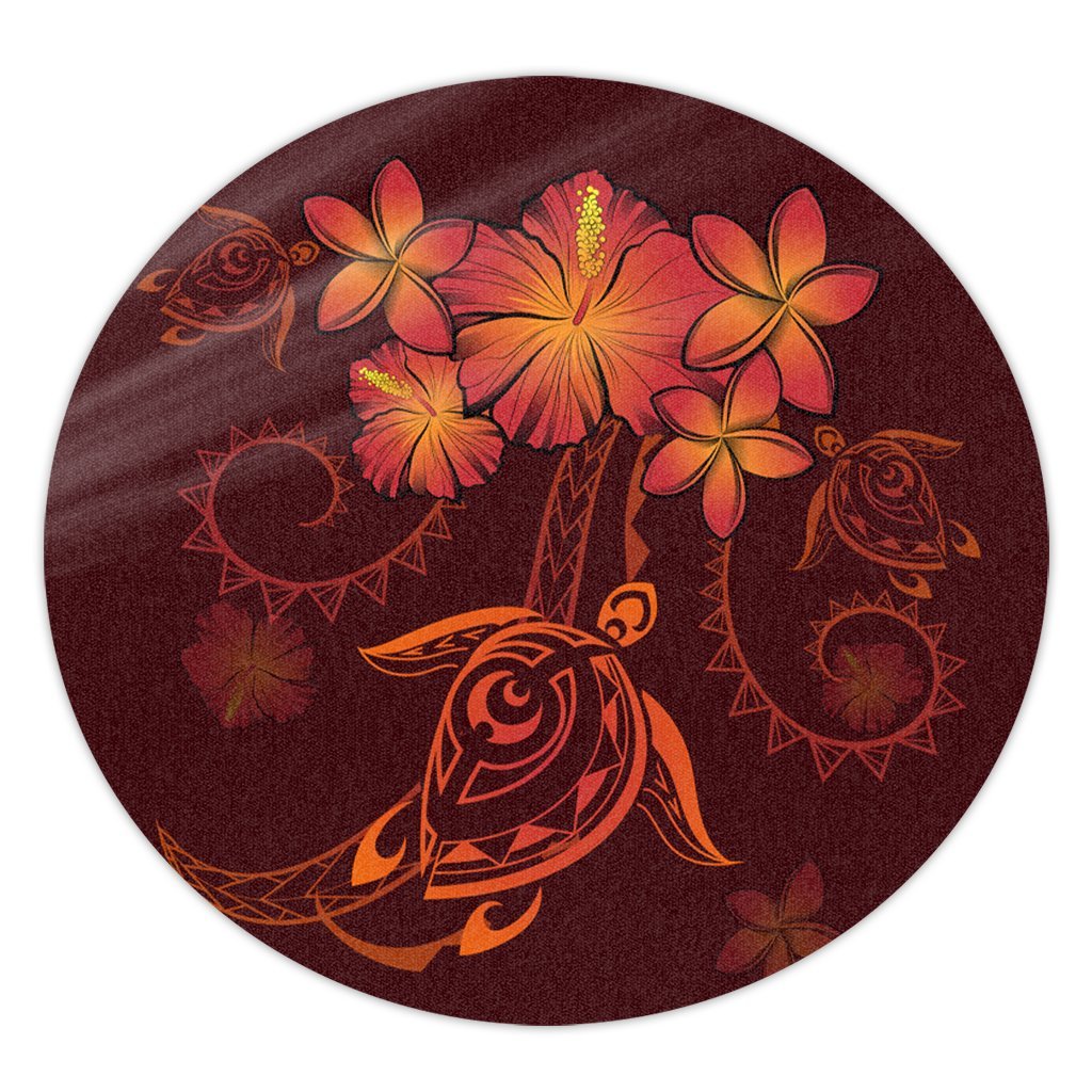 Hawaiian Turtles Hibiscus Plumeria Polynesian Round Carpet - Red - AH Round Carpet Luxurious Plush - Polynesian Pride