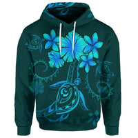 Custom Hawaiian Turtles Hibiscus Plumeria Polynesian Hoodie Turquoise - Polynesian Pride