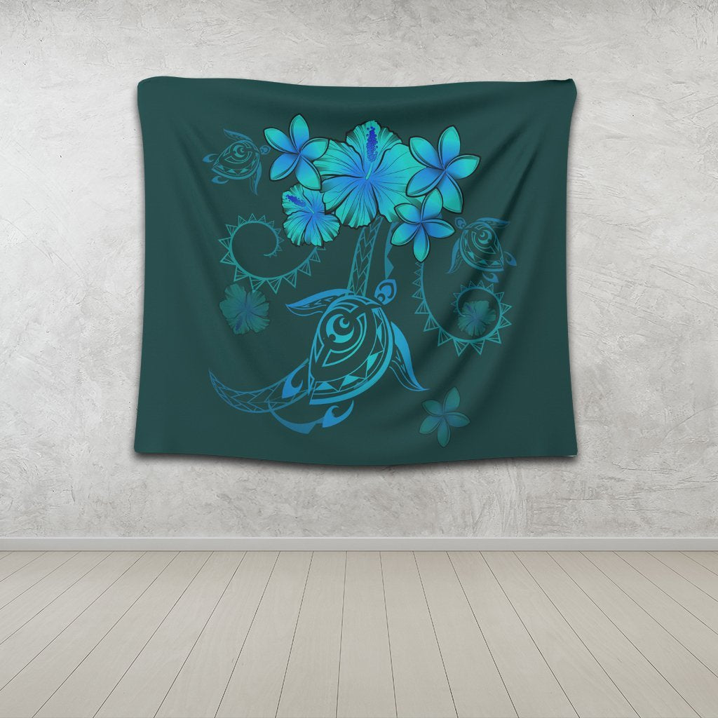 Hawaiian Turtles Hibiscus Plumeria Polynesian Tapestry - Turquoise - AH - Polynesian Pride