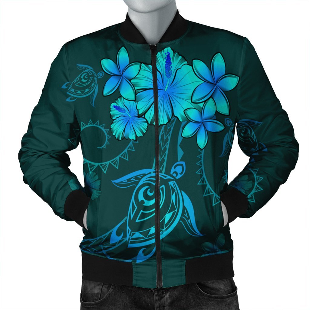 Hawaiian Turtles Hibiscus Plumeria Polynesian Bomber Jacket - Turquoise - AH Black Unisex - Polynesian Pride