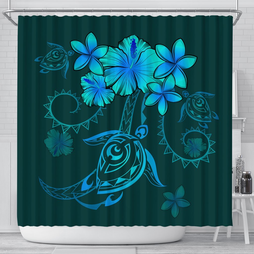 Hawaiian Turtles Hibiscus Plumeria Polynesian Shower Curtain - Turquoise - AH 177 x 172 (cm) Black - Polynesian Pride