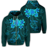 Hawaiian Turtles Hibiscus Plumeria Polynesian Zip Hoodie Turquoise Unisex Art - Polynesian Pride