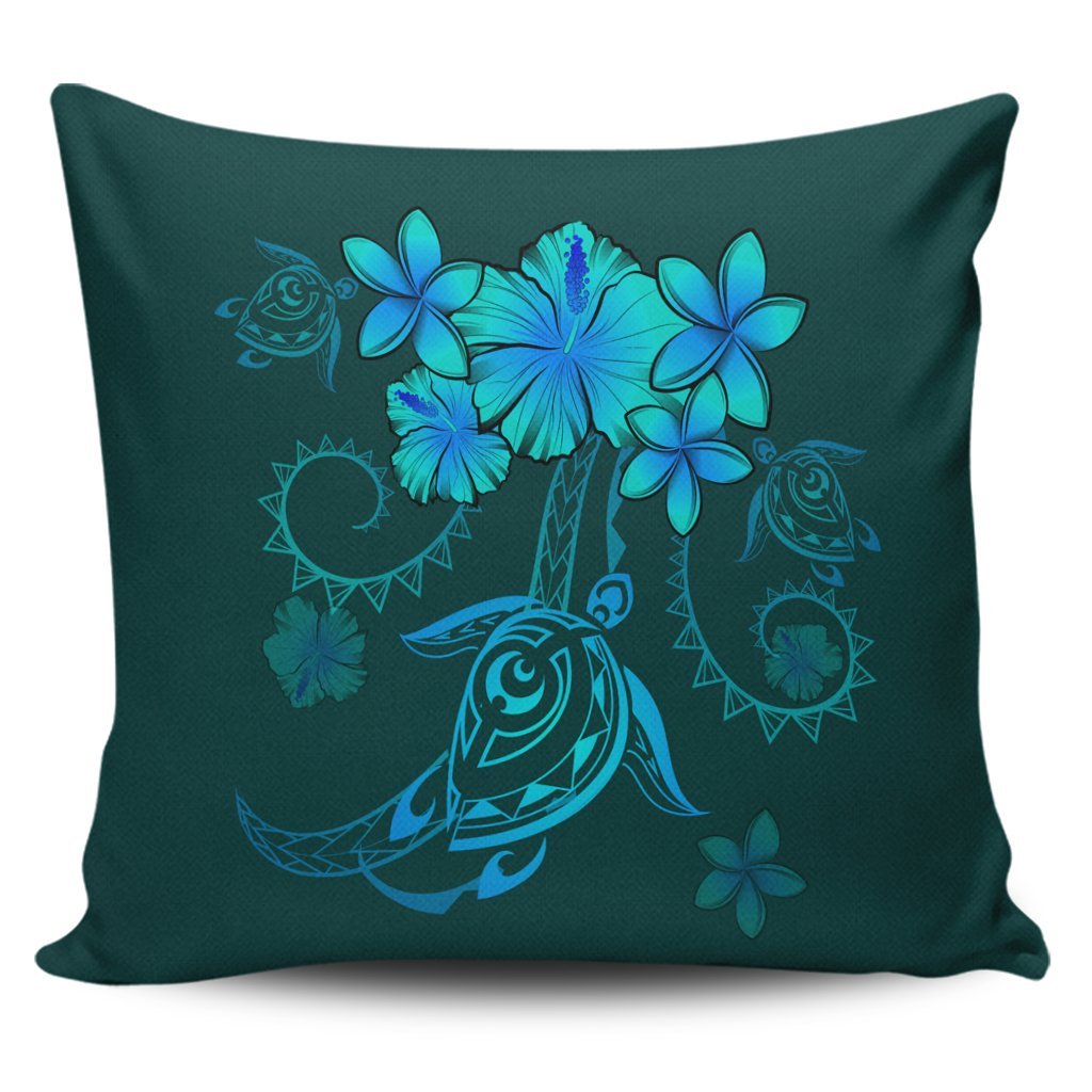 Hawaiian Turtles Hibiscus Plumeria Polynesian Pillow Covers - Turquoise - AH Pillow Covers Black - Polynesian Pride