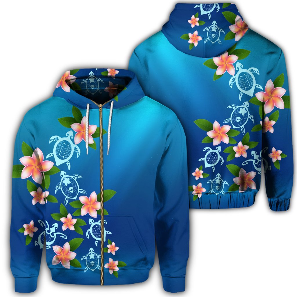 Hawaiian Tuttle and Plumeria Flower In The Sea Polynesian Zip Hoodie Unisex Art - Polynesian Pride