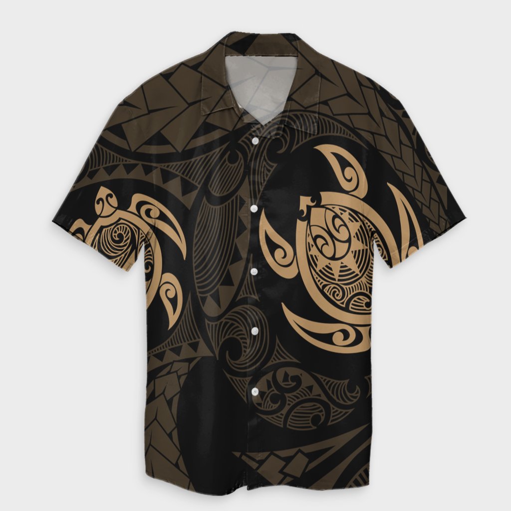 Hawaiian Two Turtle Polynesian Hawaiian Shirt Gold AH Unisex Black - Polynesian Pride