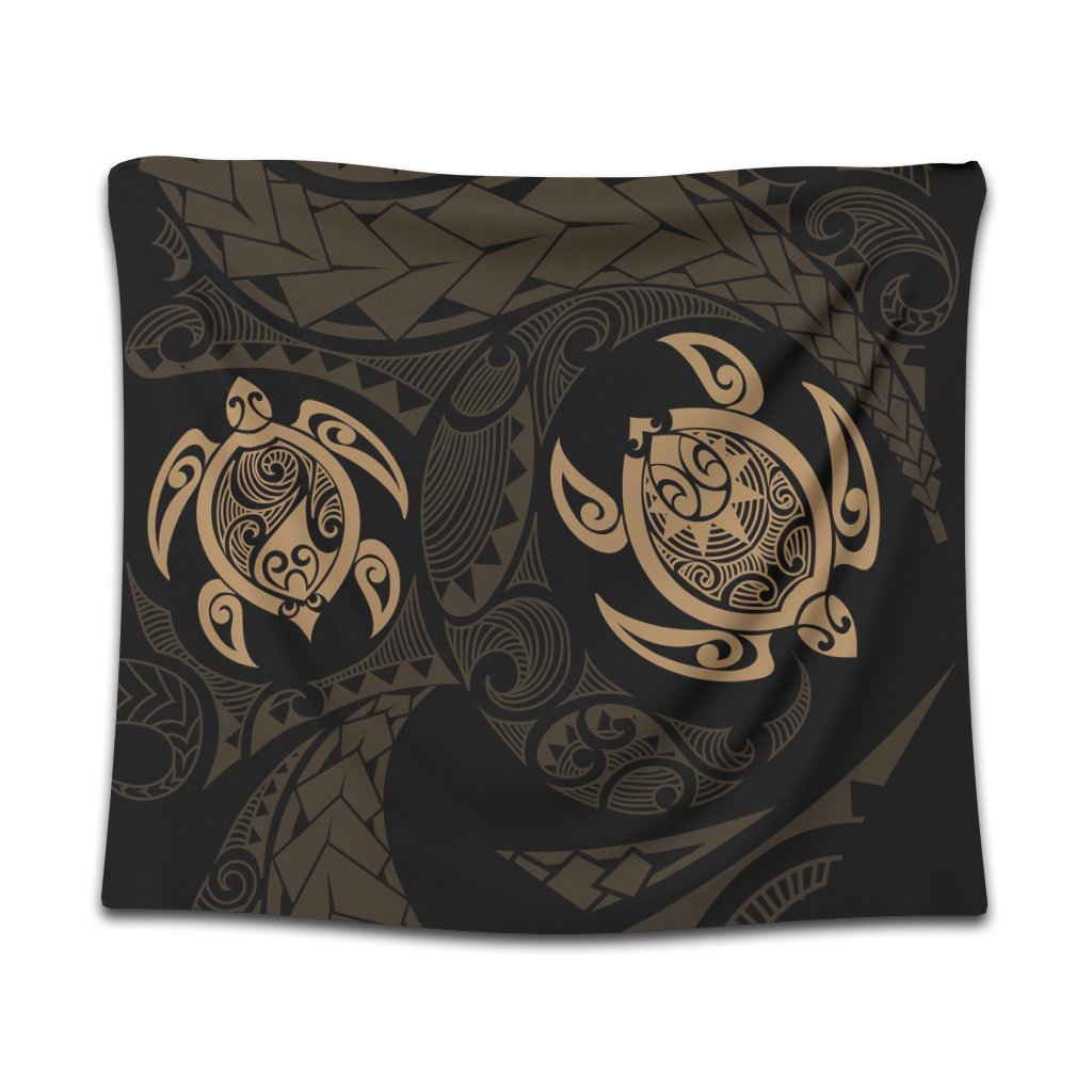 Hawaiian Two Turtle Polynesian Tapestry Gold AH Wall Tapestry Black - Polynesian Pride