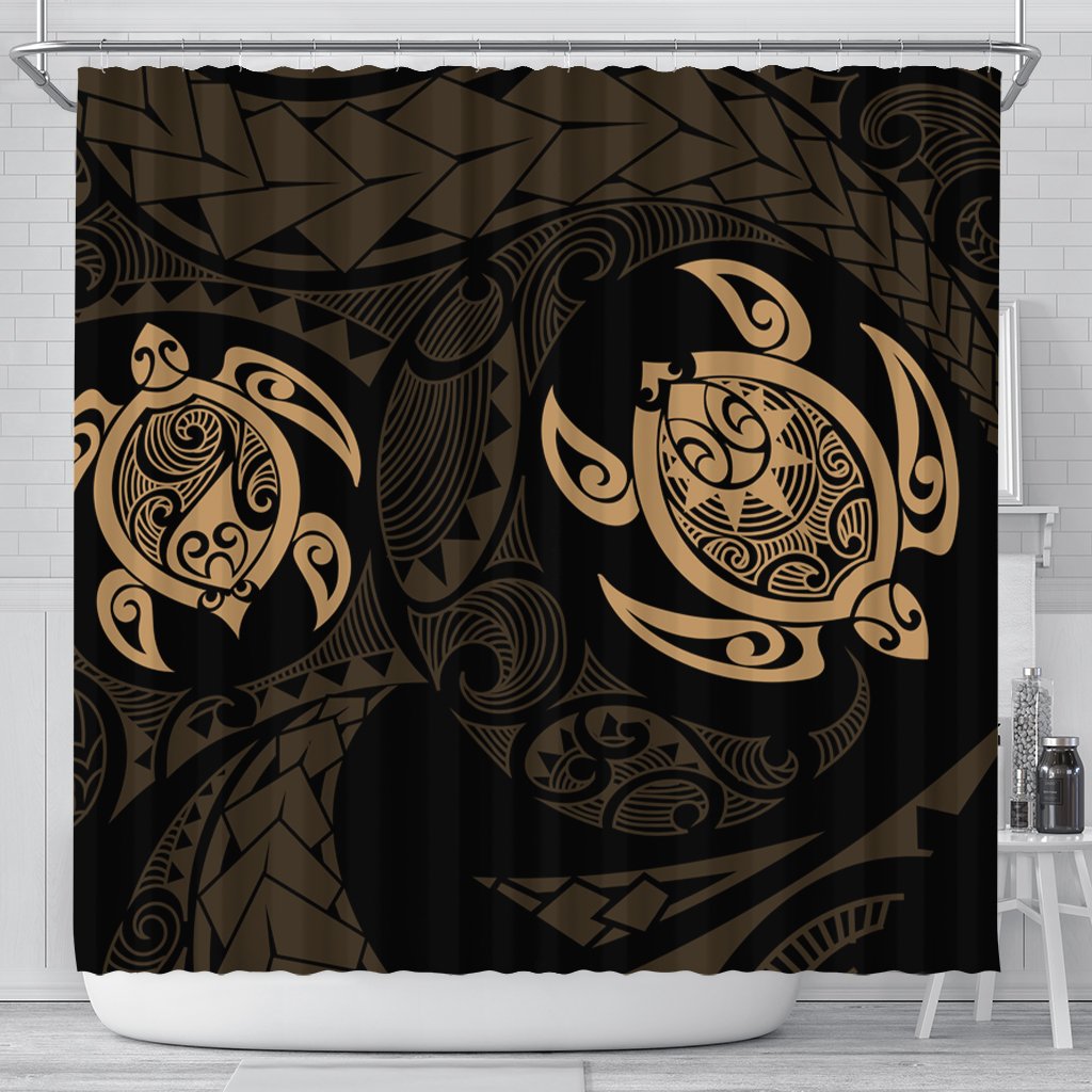 Hawaiian Two Turtle Polynesian Shower Curtain Gold AH 177 x 172 (cm) Black - Polynesian Pride