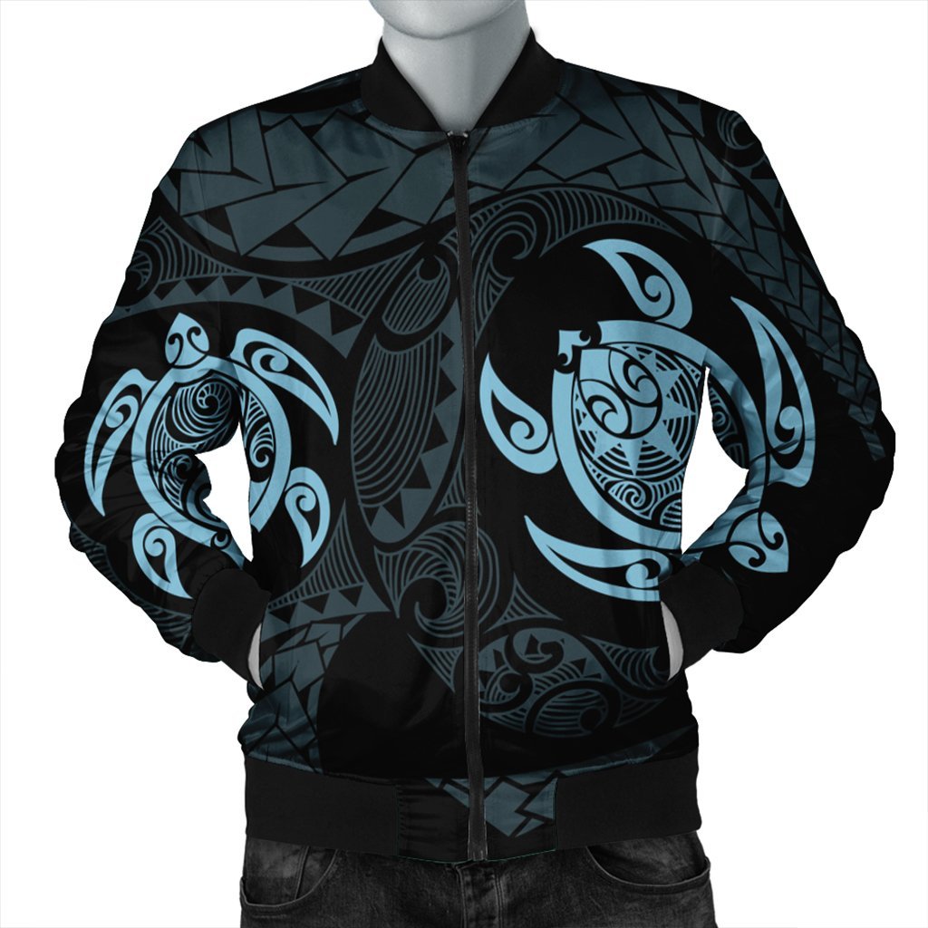 Hawaiian Two Turtle Polynesian Bomber Jacket Pastel Blue AH Black Unisex - Polynesian Pride