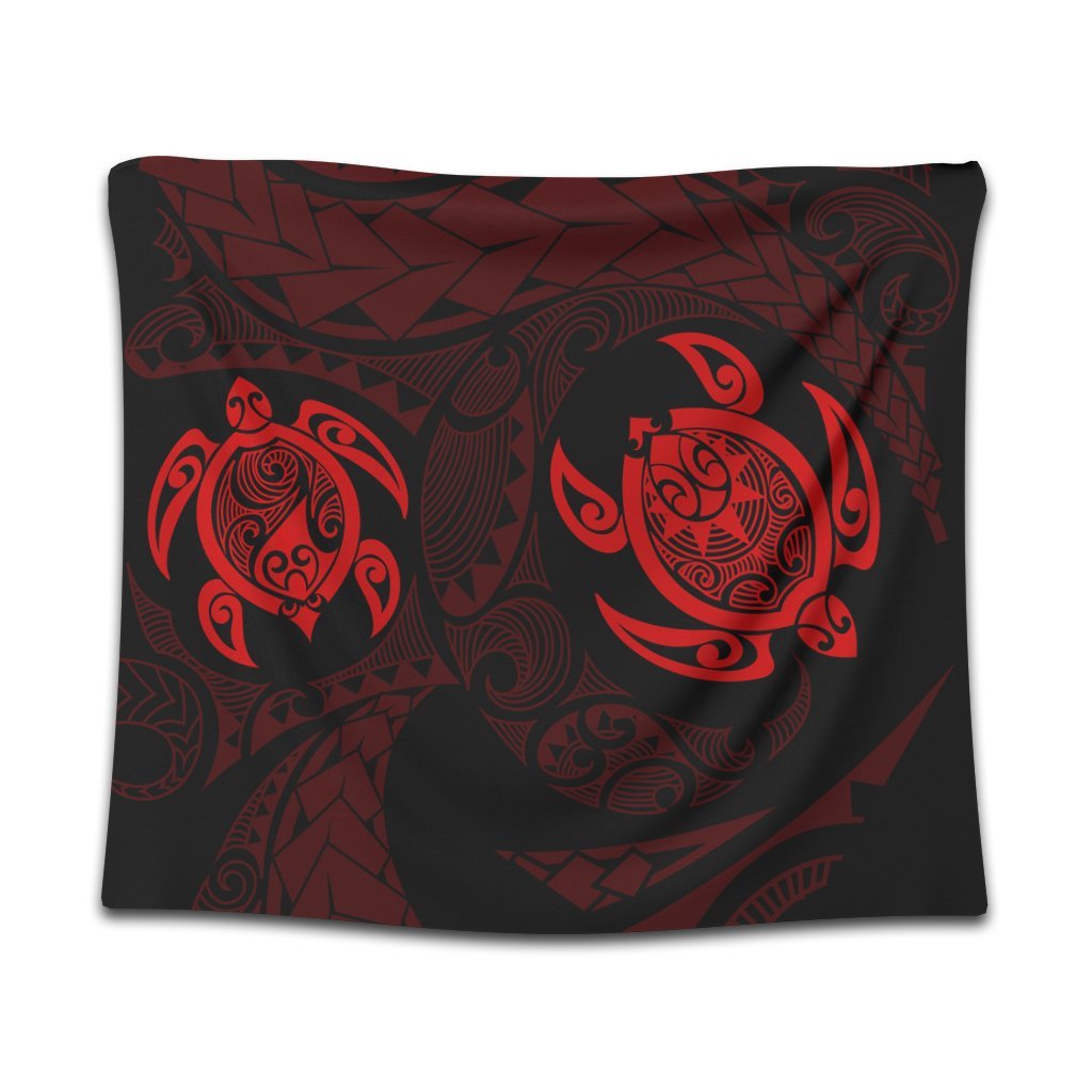 Hawaiian Two Turtle Polynesian Tapestry Red AH Wall Tapestry Black - Polynesian Pride