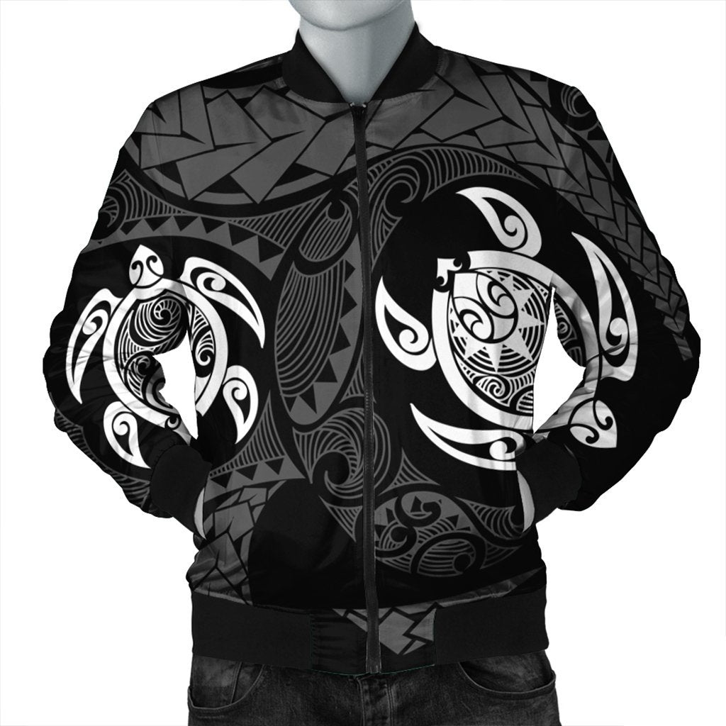 Hawaiian Two Turtle Polynesian Bomber Jacket White AH Black Unisex - Polynesian Pride