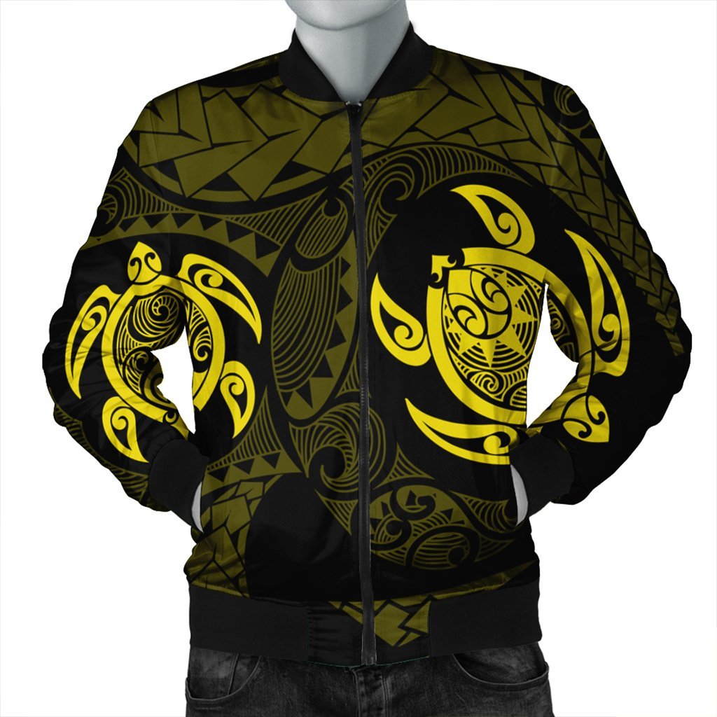 Hawaiian Two Turtle Polynesian Bomber Jacket Yellow AH Black Unisex - Polynesian Pride