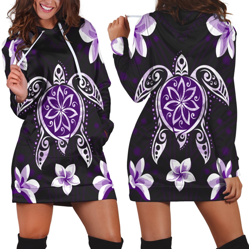 Hawaiian Violet Turtle Plumeria Hoodie Dress AH Black - Polynesian Pride