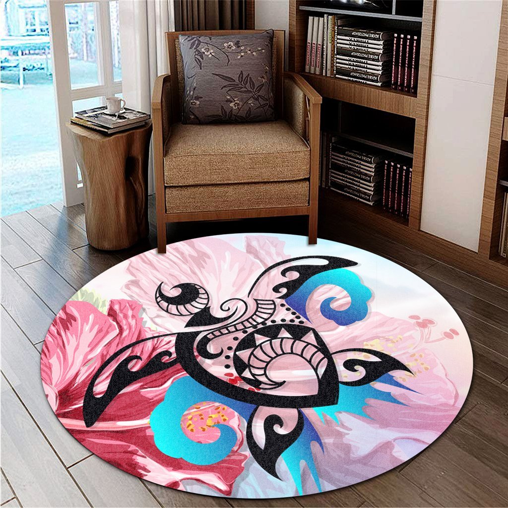 Hawaiian Wave Hibiscus Watercolor Turtle Polynesian Round Carpet - AH - Polynesian Pride
